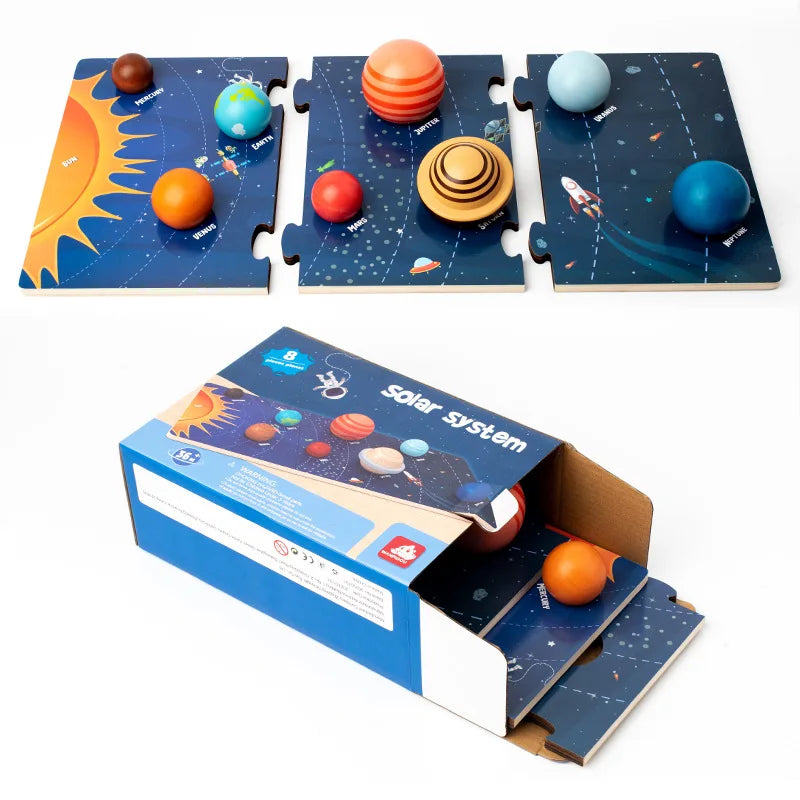 Baby Montessori Wooden Early Education Toys 3D Eight Planets Puzzle Toy Universe Cognition