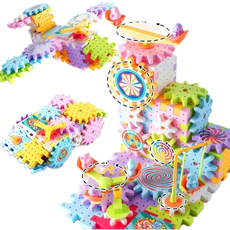Kids Electric Gear Building Toy Set Motorized Spinning Gears Set Gear Rail Car Big Building
