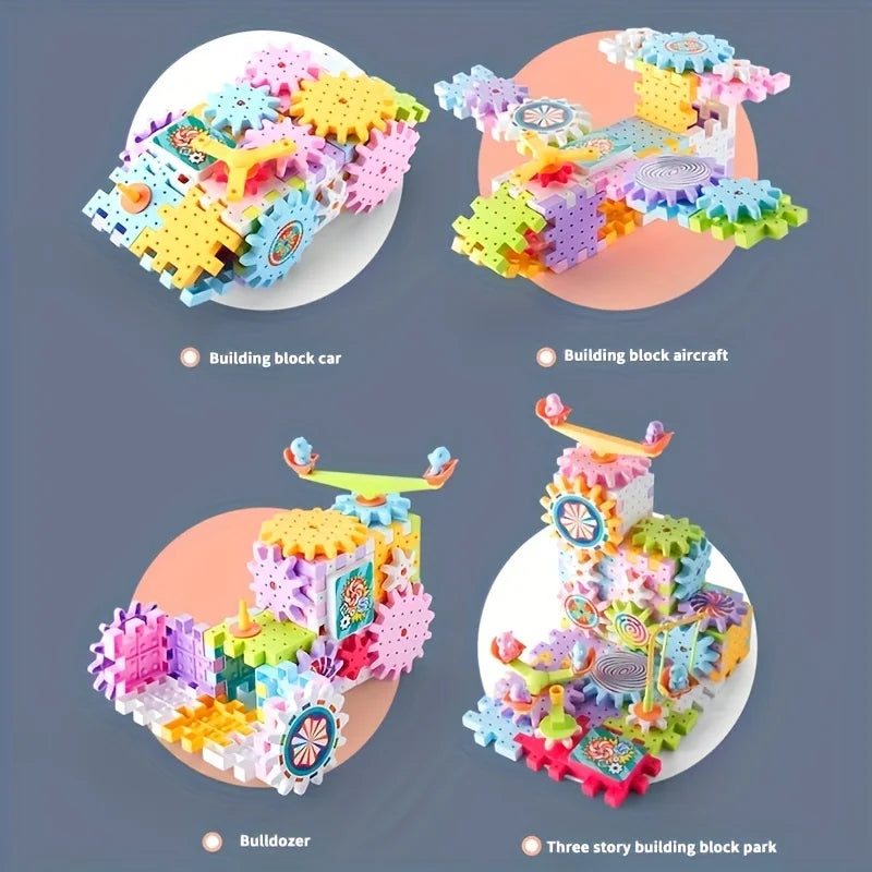 Kids Electric Gear Building Toy Set Motorized Spinning Gears Set Gear Rail Car Big Building