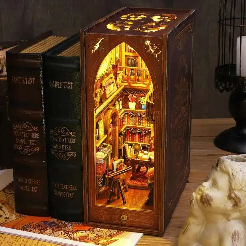 DIY Book Nook Kit Miniature Doll House With LED Light 3D Puzzle Model Building Wooden Bookshelf
