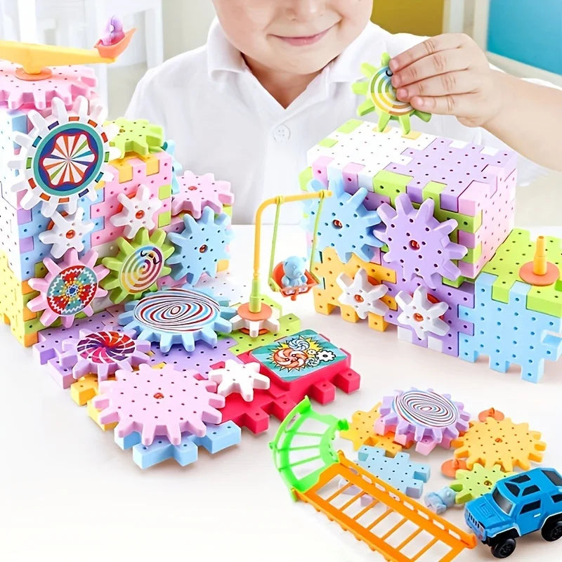 Kids Electric Gear Building Toy Set Motorized Spinning Gears Set Gear Rail Car Big Building