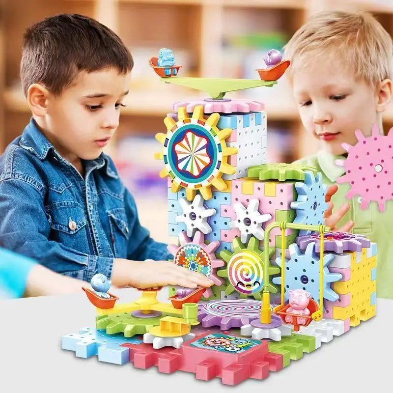 Kids Electric Gear Building Toy Set Motorized Spinning Gears Set Gear Rail Car Big Building