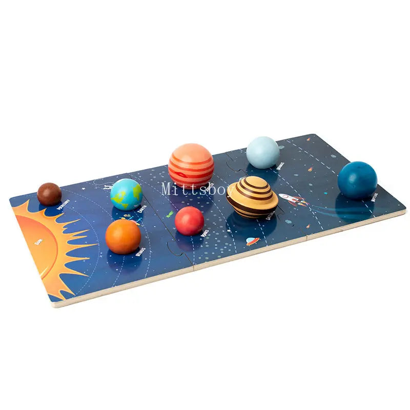 Baby Montessori Wooden Early Education Toys 3D Eight Planets Puzzle Toy Universe Cognition