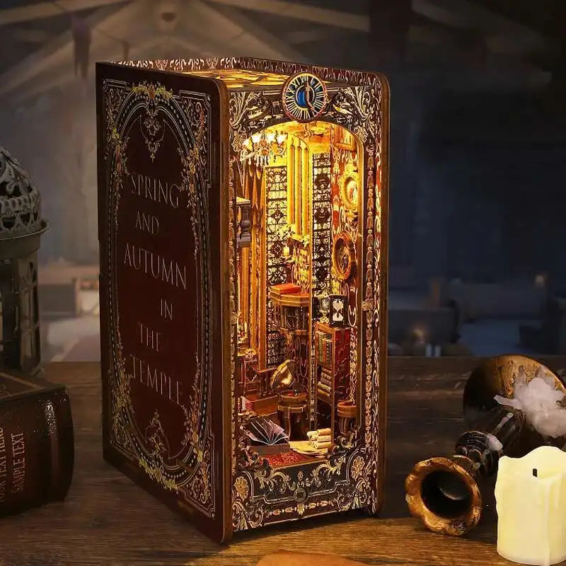 DIY Book Nook Kit Miniature Doll House With LED Light 3D Puzzle Model Building Wooden Bookshelf