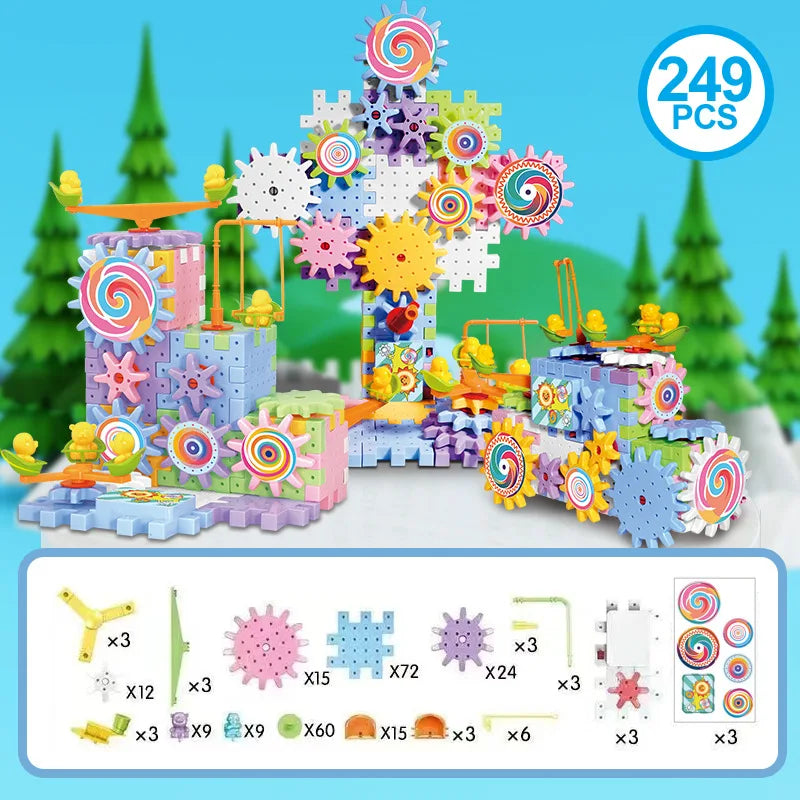 Kids Electric Gear Building Toy Set Motorized Spinning Gears Set Gear Rail Car Big Building