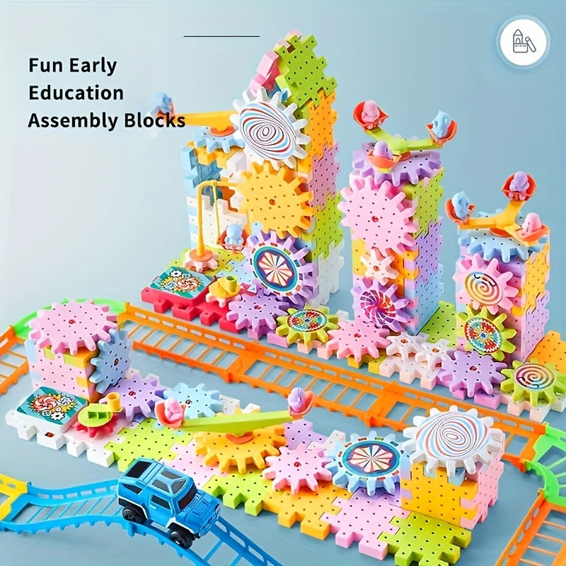 Kids Electric Gear Building Toy Set Motorized Spinning Gears Set Gear Rail Car Big Building