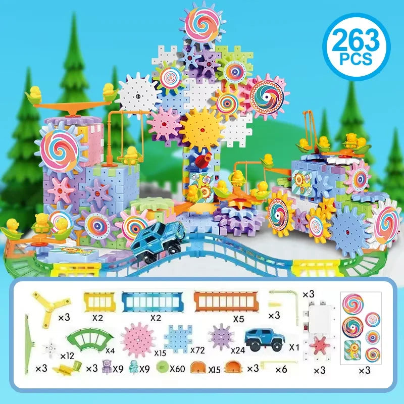 Kids Electric Gear Building Toy Set Motorized Spinning Gears Set Gear Rail Car Big Building