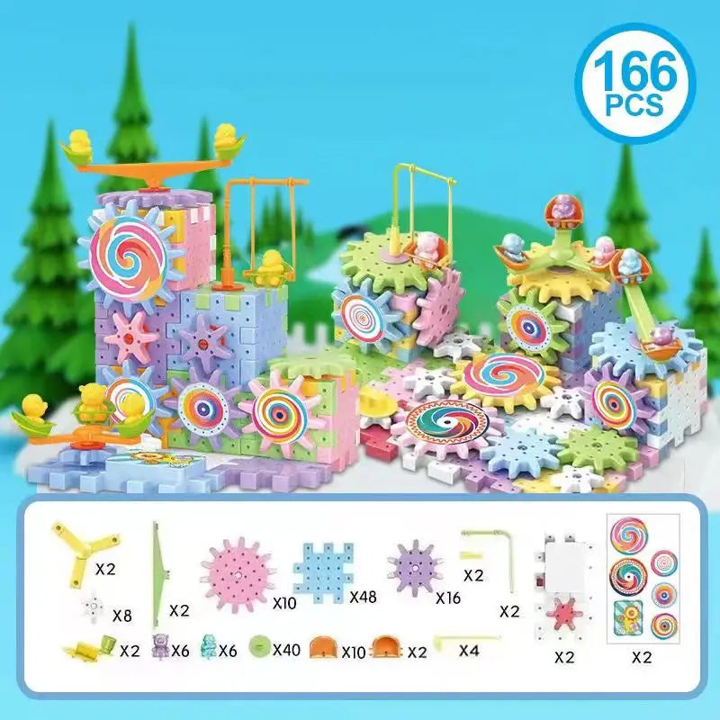 Kids Electric Gear Building Toy Set Motorized Spinning Gears Set Gear Rail Car Big Building