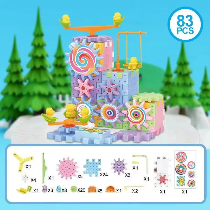 Kids Electric Gear Building Toy Set Motorized Spinning Gears Set Gear Rail Car Big Building