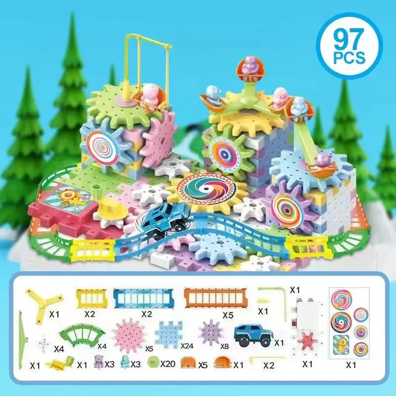 Kids Electric Gear Building Toy Set Motorized Spinning Gears Set Gear Rail Car Big Building